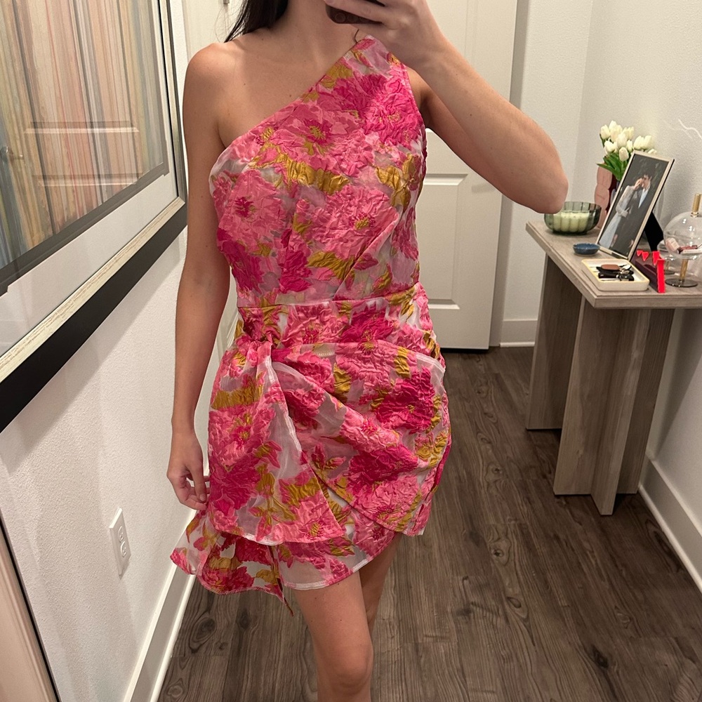 Brailey Mini Dress - One Shoulder Wrap Front Dress in Pink Jacquard NBW Showpo